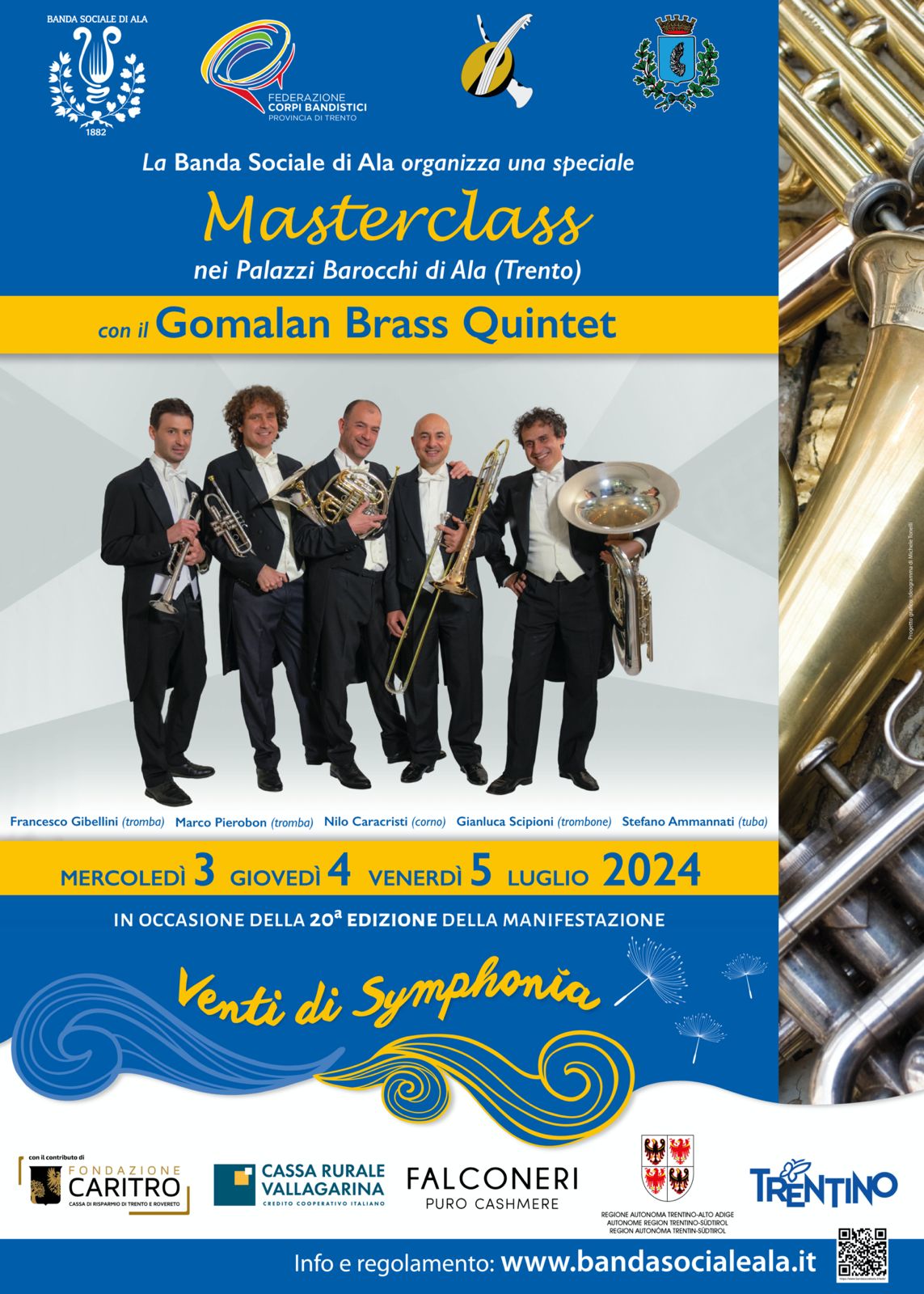 MASTERCLASS nei Palazzi Barocchi di Ala (TN) con il Gomalan Brass Quintet Ala (TN), mercoledì 3 – venerdì 5 luglio 2024