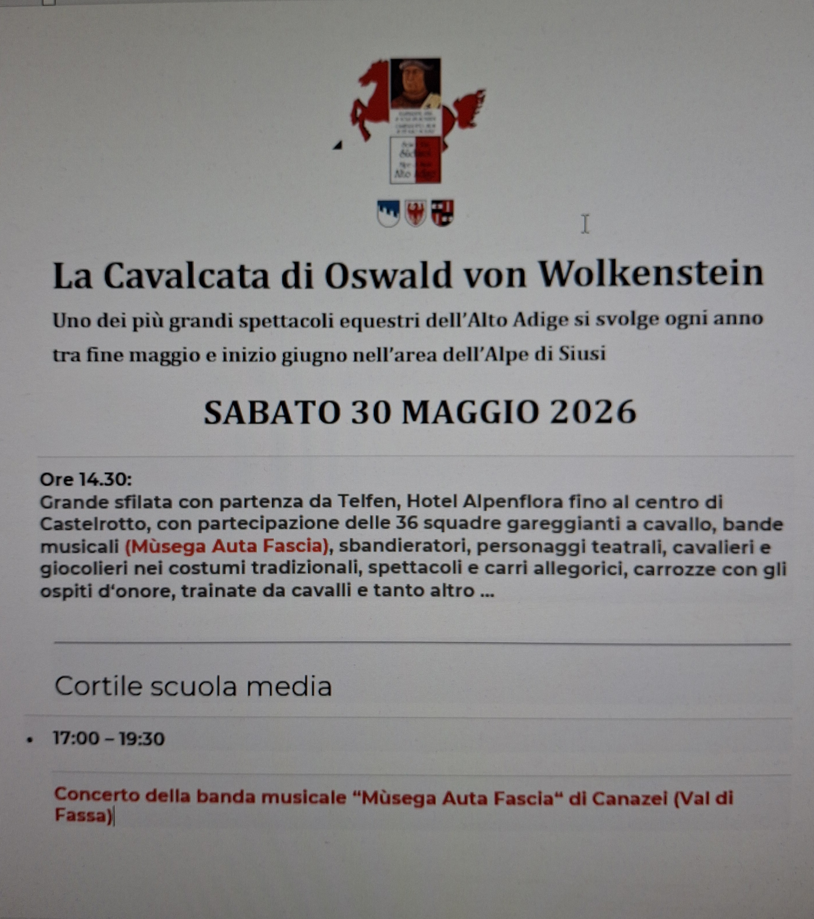 Sfilata e Concerto alla Cavalcata di Oswald von Wolkenstein 2026
